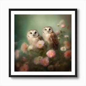 Two Owls In Flowers Poster