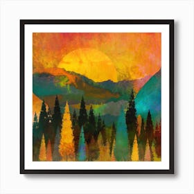 Sunset In The Mountains Trees Mountains Sun Sunrise Warm Art Print