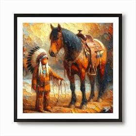 Young Native American Youth With Horse Oil Texture Art Print