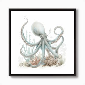 Storybook Style Octopus On The Ocean Floor With Aqua Marine Plants 1 Art Print