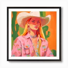 Pink Cactus Desert Cowgirl Portrait Art Print