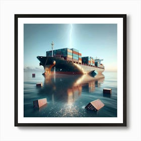 Lightning Strike On A Container Ship Art Print