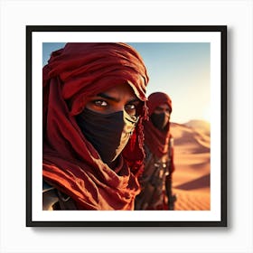 Desert Warriors Looking At Camera Black Eyes Crimson Cloth Art Print