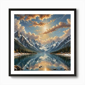 A Panoramic Painting Of A Majestic Mountain Range With Snow Capped Peaks Reflecting In A Pristine La 985142215 Art Print