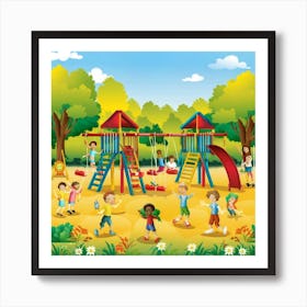 A joyful and colorful scene of children playing together in a vibrant playground, featuring swings, slides, and happy faces, capturing the essence of carefree and active childhood. Such images are popular for various children's products, educational materials, and family-oriented projects Art Print