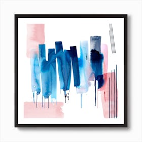 Artistic Abstract Watercolor Stripes Blue Square Art Print