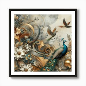 Peacocks And Flowers 1 Art Print