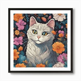 White Cat In Flowers Art Print