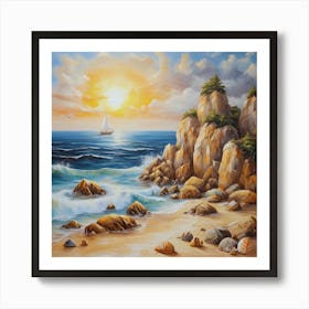 Oil painting design on canvas. Sandy beach rocks. Waves. Sailboat. Seagulls. The sun before sunset.45 Art Print