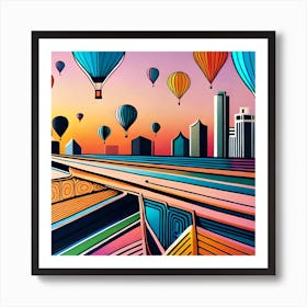 Hot Air Balloons In The Sky, Digital Art Print, Colorful Aesthetic Art, Modern City Skyline, Home Decor Art Print