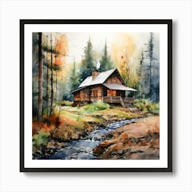 Cabin In The Woods, Create A Watercolor Painting Of A Cozy Rustic Cabin In The Woods 1 Art Print