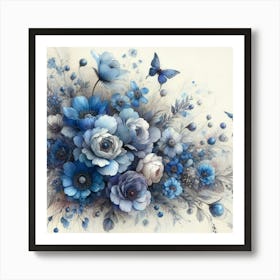 Blue Flowers With Butterflies Art Print