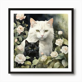 Black Cats And Roses Art Print