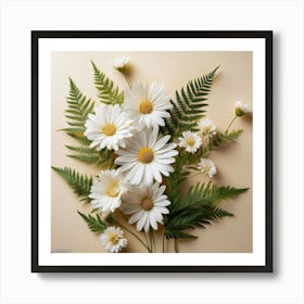 Firefly Delicate Daisy Like Flowers In White, With Fern Accents, On A Smooth Ivory Backdrop 2 Art Print