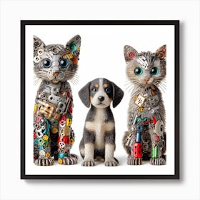 Three Cats And A Dog Art Print