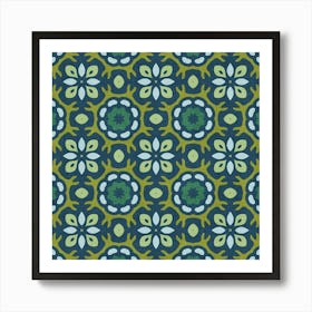 Retro Tile Octagon Pattern Cool Blue And Olive Art Print