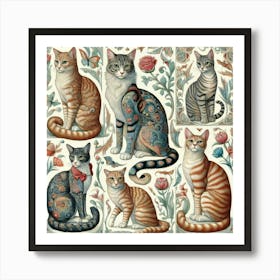 Cats And Flowers Art Print