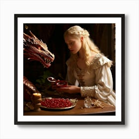 The Blond Woman Adorned In A Simple Yet Elegant White Medieval Dress Shares A Meal Art Print