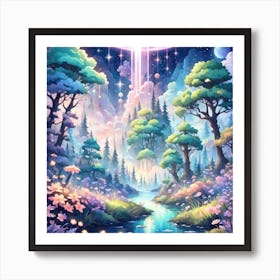 A Fantasy Forest With Twinkling Stars In Pastel Tone Square Composition 410 Art Print