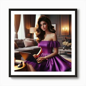 Beautiful Woman In Purple Dress Working On Laptop Art Print