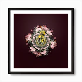 Vintage Irises Flower Wreath on Wine Red n.0726 Art Print
