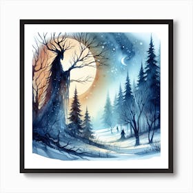 Watercolor Illustration Of A Winter Forest Art Print