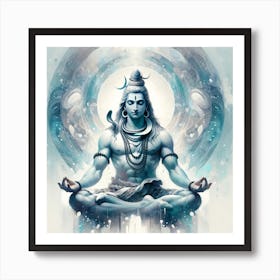 "Serene Cosmos: Lord Shiva's Meditative Bliss" - This artwork captures Lord Shiva in deep meditation, enveloped by the cosmos's ethereal and tranquil energy. The cool, soothing blues and whites evoke a celestial atmosphere, symbolizing clarity and spiritual purity. Shiva's serene expression and the cosmic swirls surrounding him reflect his role as the supreme meditator and his connection with the universe's endless cycle. This piece is perfect for creating a peaceful sanctuary within any space, inviting viewers to connect with their inner selves and the expansive beauty of creation. Art Print