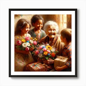 Kids Offering Gifts To Sweet Old Lady Art Print