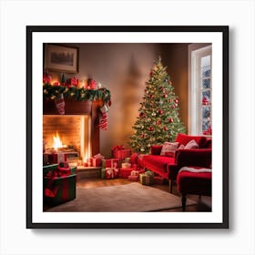 Cozy Living Room Decorated For Christmas Affiche