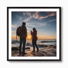 Couple At The Beach At Sunset Art Print