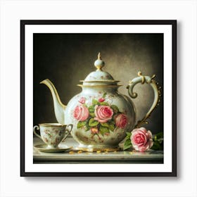 A very finely detailed Victorian style teapot with flowers, plants and roses in the center with a tea cup 7 Art Print