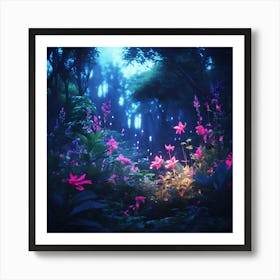 Midnight Garden Lush Foliage In Deep Rich Tones Is Juxtaposed With Vibrant Flowers That Bloom Under moon light Art Print