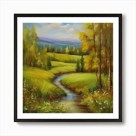 Landscape Oil On Canvas.Canada's forests. Dirt path. Spring flowers. Forest trees. Artwork. Oil on canvas. Art Print