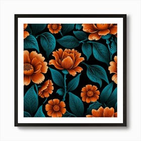 Orange Flowers On A Black Background Art Print