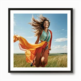 A Youthful Female Exuding Vitality Engaged In Jumping With Unrestrained Joy Sporting Healthy Slim (7) Art Print