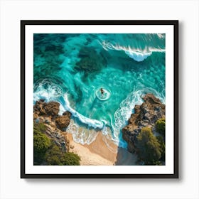 Drone View Capturing A Surfer Catching A Wave Near A Sandy Coastline Vibrant Turquoise Lagoon In Th (4) Art Print