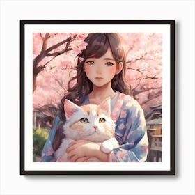 Japanese Girl With Cat Art Print Art Print