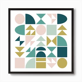 Modern Geometric Shapes in Emerald Teal Green and Blush Pink Art Print