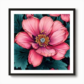 Pink Anemone Flower, Illustrate A Close Up Of A Blooming Flower With Intricate Art Print