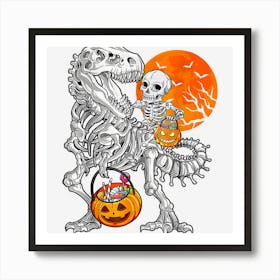 Skeleton Riding Dinosaur T Rex Mummy Halloween Pumpkin Moon Art Print