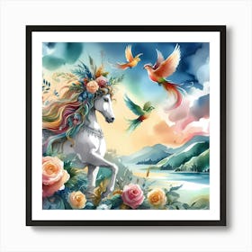 Unicorn With Birds And Flowers Art Print