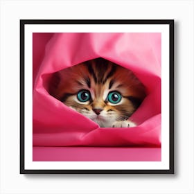 Cute Kitten Peeking Out Of A Pink Blanket Art Print