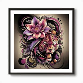 Leopard With Lotus Flower Art Print