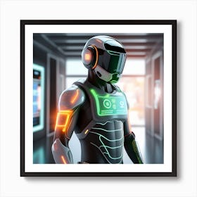 The Image Depicts A Alpha Male In A Stronger Futuristic Suit With A Digital Music Streaming Display 1 Art Print