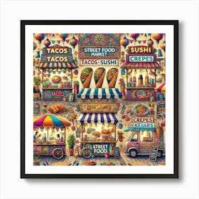 Global Street Food Market Printed Art A Lively Illustration Of A World Street Food Market, Perfect For Bringing A Multicultural And Energetic Atmosphere To Any Restaurant Space Printed Art Art Print