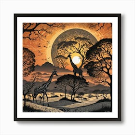 Giraffes At Sunset Art Print