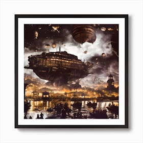 The Ark 1842. Ship. Airship. Steampunk. Night. Anthotype. Cloisonnism. River. City at night. Glow. Space ship. Science Fiction. Alternative history. Art Print