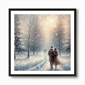 Couple Walking In The Snow Art Print Art Print