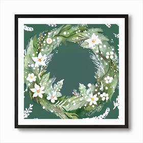 Christmas Wreath Wall Art Green Background Botanical Style #2 Art Print