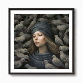 Girl Surrounded By Birds 3 Art Print